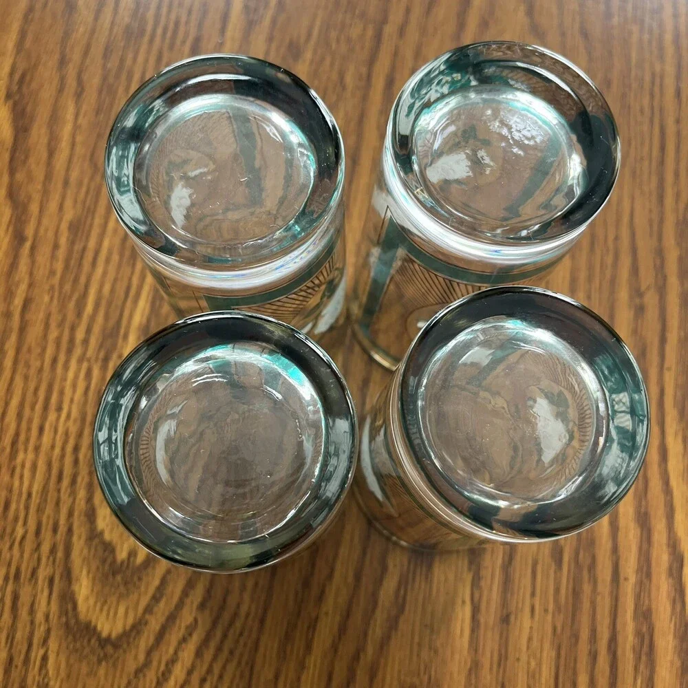 Set of 4 Vtg Libbey Party Time Glasses Tumblers Green With White Rose 12 Oz 5.5”